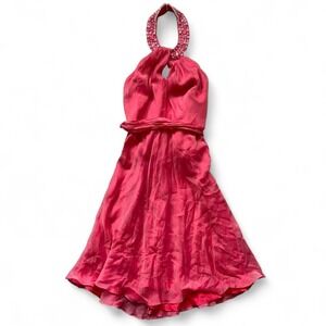 VTG 100% silk carmen marc valvo beaded halter keyhole tie back dress y2k 4 pink